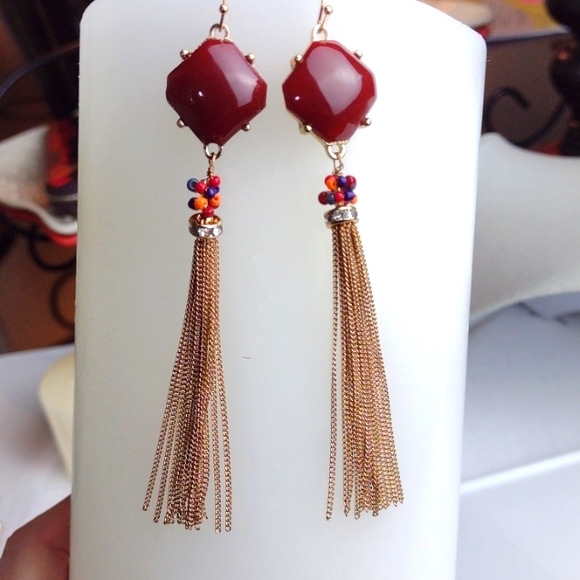 Mia Collection Gold Tone Bordeaux Stone Rhinestone Chain Fringe Drop Earrings - Picture 6 of 8